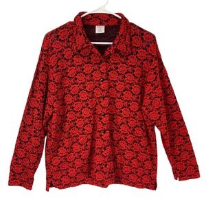Westbound Petites Red Black Floral Lace Button Up Long Sleeve Blouse Top L